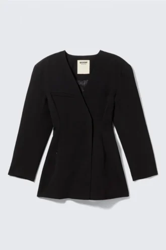Tailored Linen-Blend Blazer Dress – Black