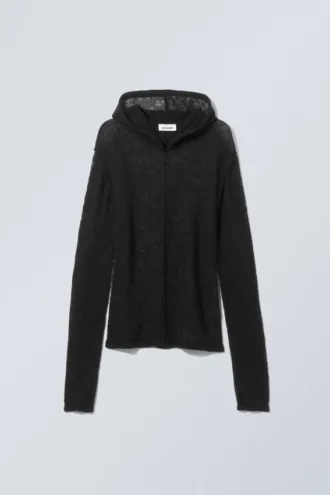 Terri Wool Blend Sheer Knit Hoodie – Black