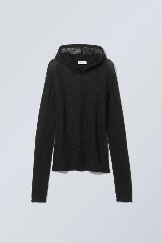 Terri Wool Blend Sheer Knit Hoodie – Black Terri Wool Blend Sheer Knit Hoodie – Black