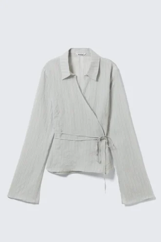 Textured Long-Sleeved Wrap Shirt – Light Grey