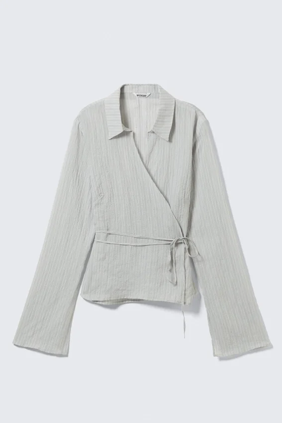 Textured Long-Sleeved Wrap Shirt – Light Grey Textured Long-Sleeved Wrap Shirt – Light Grey