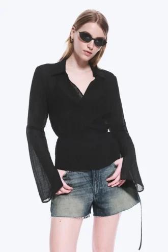 Textured Long-Sleeved Wrap Shirt – Transparent Black