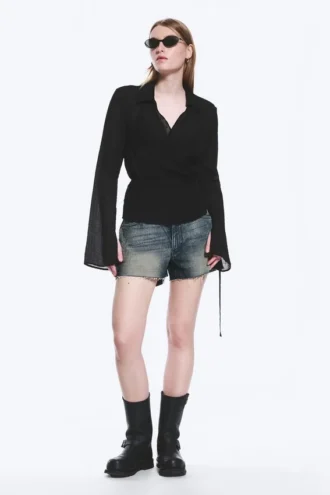 Textured Long-Sleeved Wrap Shirt – Transparent Black