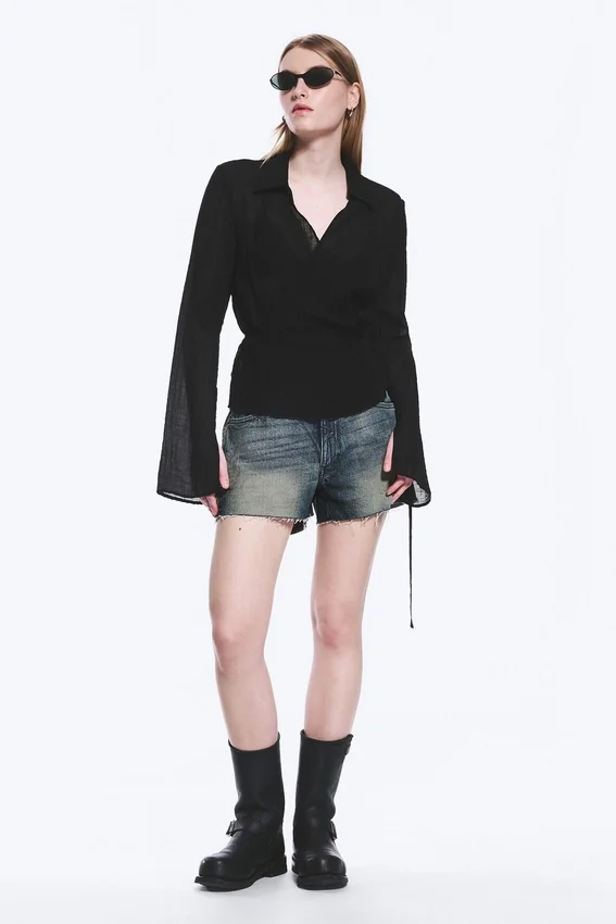 Textured Long-Sleeved Wrap Shirt – Transparent Black Textured Long-Sleeved Wrap Shirt – Transparent Black