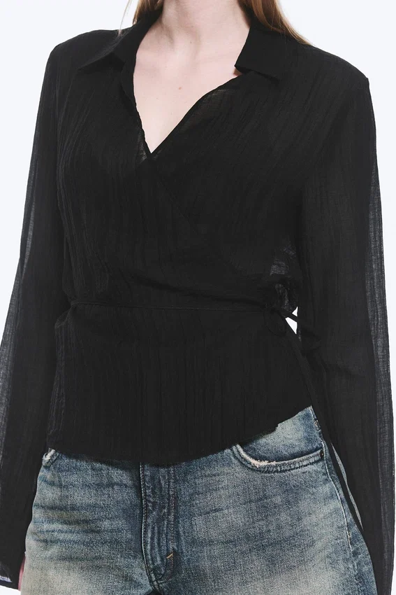 Textured Long-Sleeved Wrap Shirt – Transparent Black Textured Long-Sleeved Wrap Shirt – Transparent Black