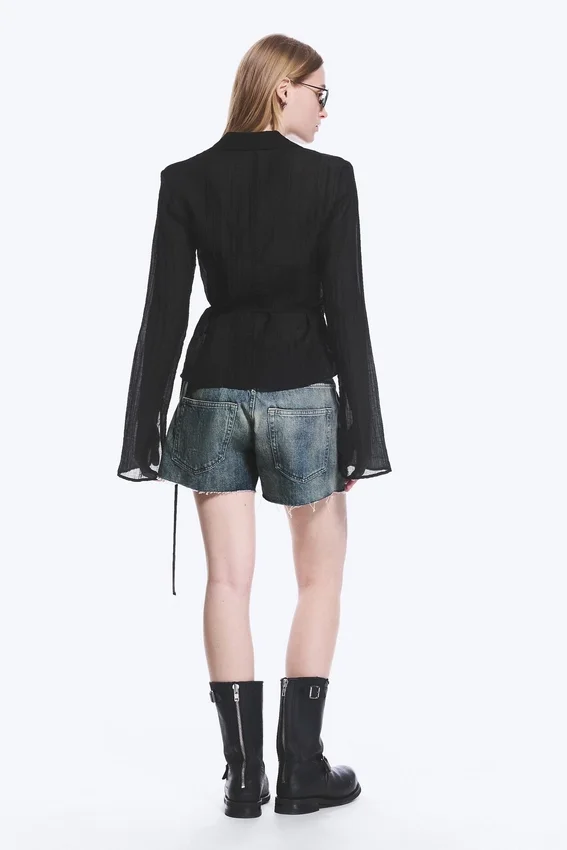 Textured Long-Sleeved Wrap Shirt – Transparent Black Textured Long-Sleeved Wrap Shirt – Transparent Black