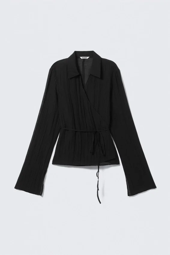 Textured Long-Sleeved Wrap Shirt – Transparent Black Textured Long-Sleeved Wrap Shirt – Transparent Black