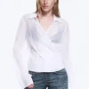 Textured Long-Sleeved Wrap Shirt – Transparent White