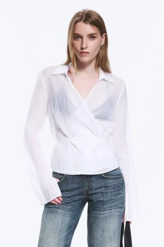 Textured Long-Sleeved Wrap Shirt – Transparent White