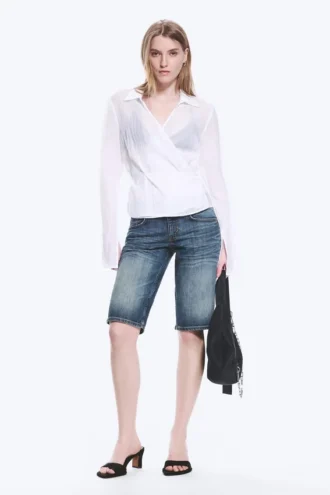 Textured Long-Sleeved Wrap Shirt – Transparent White