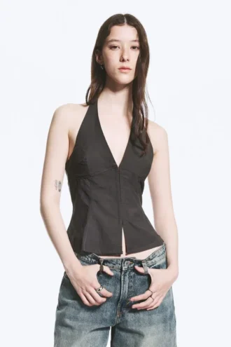 Tie-Back Hook-And-Eye Halterneck Top – Dark Grey