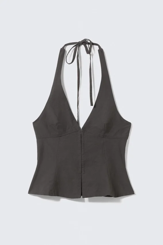 Tie-Back Hook-And-Eye Halterneck Top – Dark Grey Tie-Back Hook-And-Eye Halterneck Top – Dark Grey