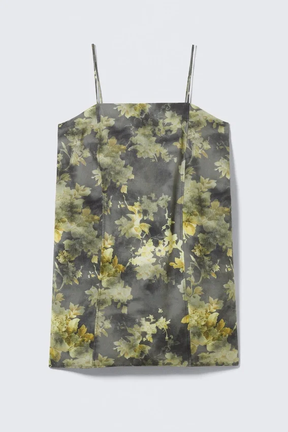 Tie-Back Twill Mini Dress – Grey – Dirty Floral Tie-Back Twill Mini Dress – Grey – Dirty Floral