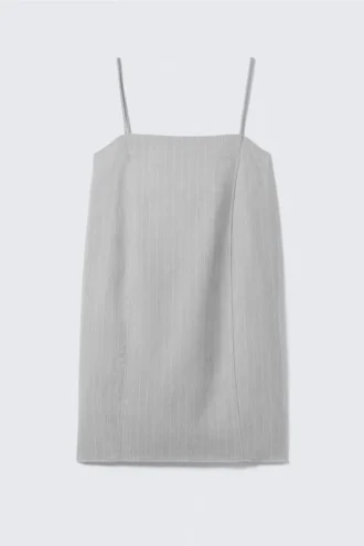Tie-Back Twill Mini Dress – Light Grey – Pinstripe