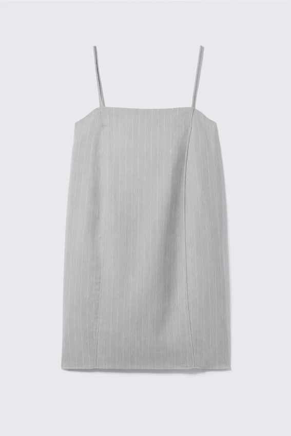 Tie-Back Twill Mini Dress – Light Grey – Pinstripe Tie-Back Twill Mini Dress – Light Grey – Pinstripe