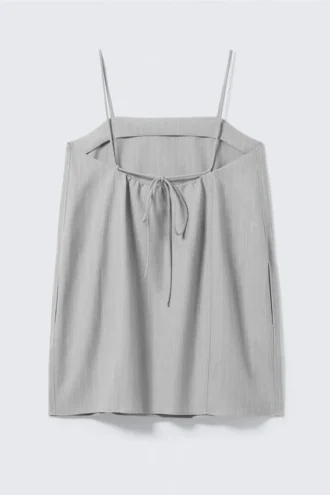 Tie-Back Twill Mini Dress – Light Grey – Pinstripe