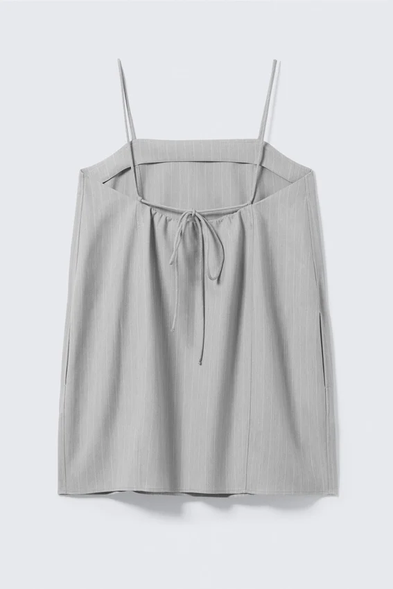 Tie-Back Twill Mini Dress – Light Grey – Pinstripe Tie-Back Twill Mini Dress – Light Grey – Pinstripe