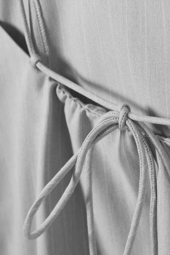 Tie-Back Twill Mini Dress – Light Grey – Pinstripe Tie-Back Twill Mini Dress – Light Grey – Pinstripe