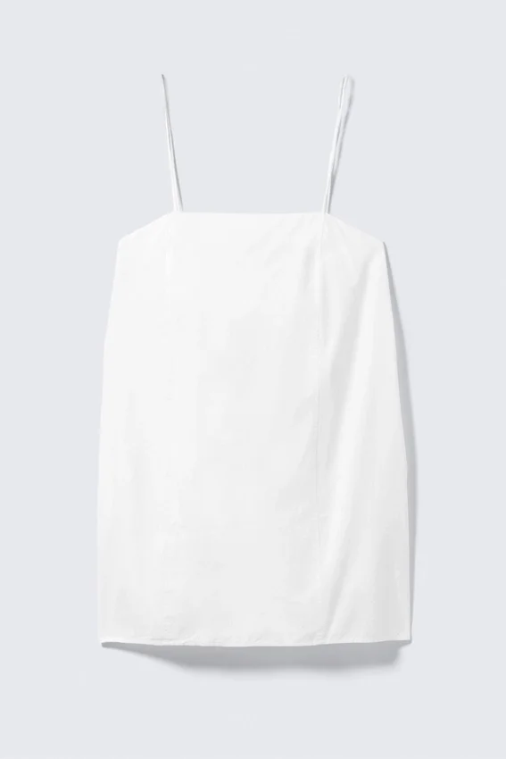 Tie-Back Twill Mini Dress – White Tie-Back Twill Mini Dress – White