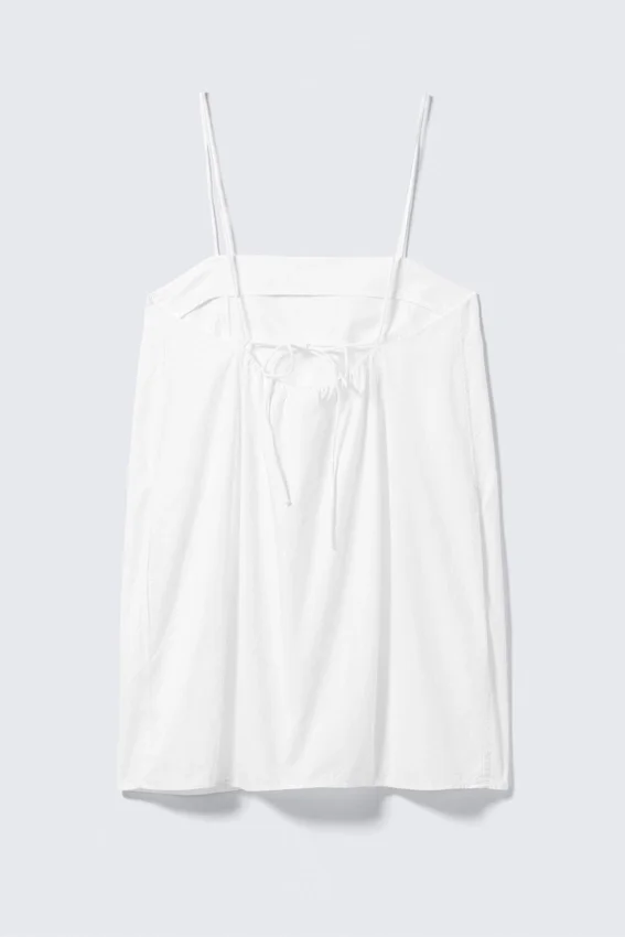 Tie-Back Twill Mini Dress – White Tie-Back Twill Mini Dress – White