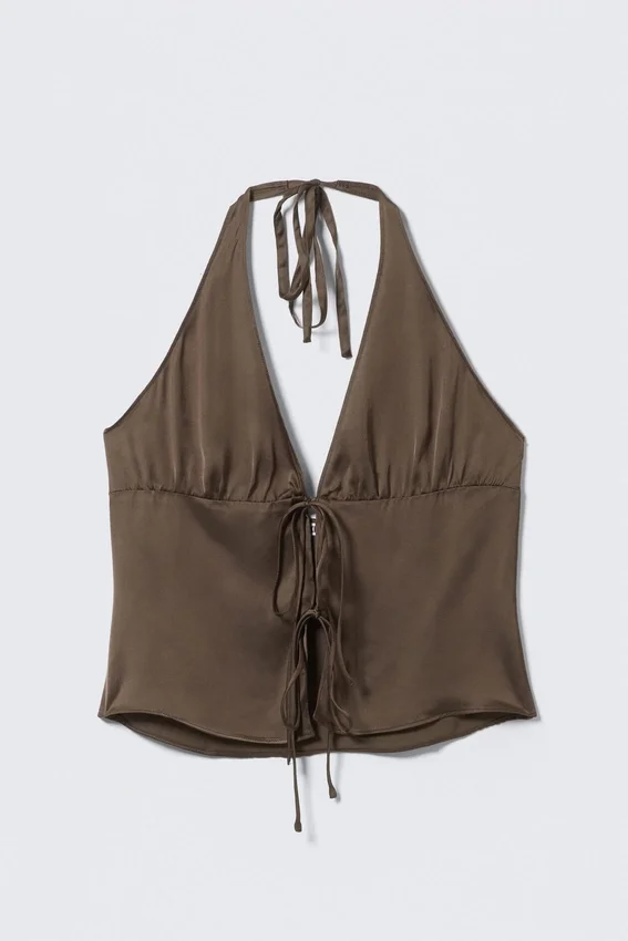 Tie-Front Halterneck Top – Dark Brown Tie-Front Halterneck Top – Dark Brown