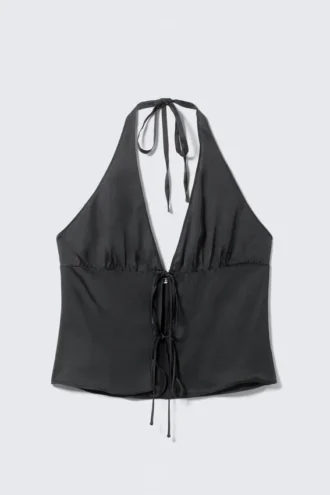 Tie-Front Halterneck Top – Dark Grey