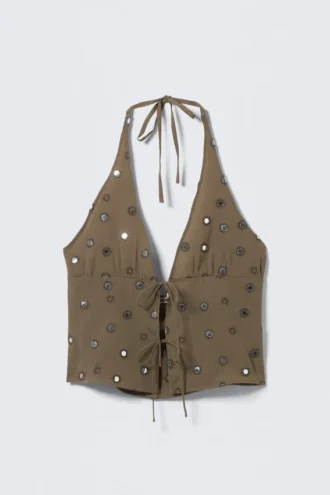 Tie-Front Halterneck Top – Dark Mole – Sequins