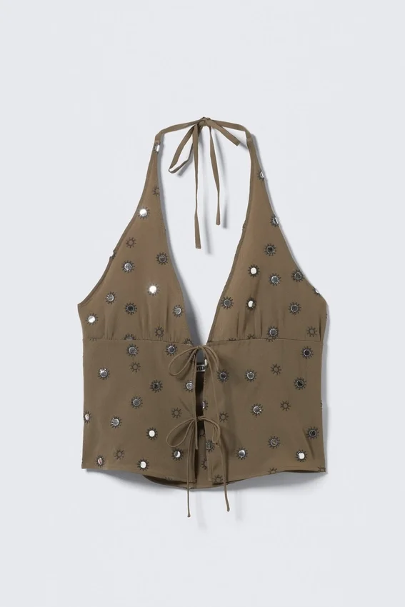 Tie-Front Halterneck Top – Dark Mole – Sequins Tie-Front Halterneck Top – Dark Mole – Sequins