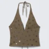 Tie-Front Halterneck Top – Dark Mole – Sequins Tie-Front Halterneck Top – Dark Mole – Sequins