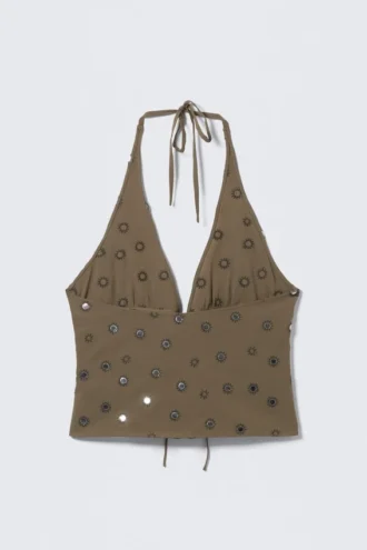 Tie-Front Halterneck Top – Dark Mole – Sequins