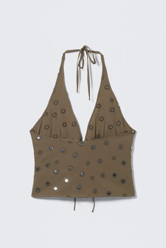 Tie-Front Halterneck Top – Dark Mole – Sequins Tie-Front Halterneck Top – Dark Mole – Sequins