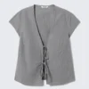 Tie-Front V-Neck Cotton Blouse – Striped Grey Tie-Front V-Neck Cotton Blouse – Striped Grey