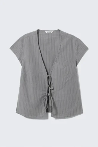 Tie-Front V-Neck Cotton Blouse – Striped Grey