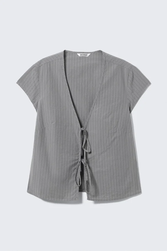 Tie-Front V-Neck Cotton Blouse – Striped Grey Tie-Front V-Neck Cotton Blouse – Striped Grey