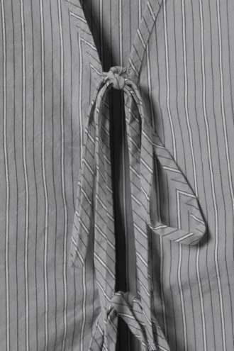 Tie-Front V-Neck Cotton Blouse – Striped Grey