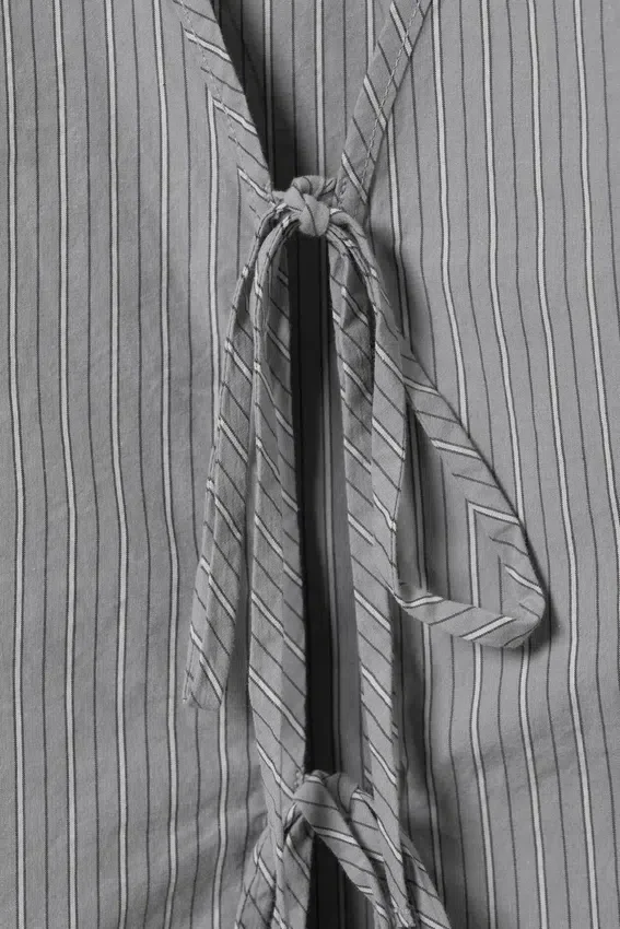 Tie-Front V-Neck Cotton Blouse – Striped Grey Tie-Front V-Neck Cotton Blouse – Striped Grey