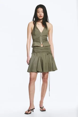 Tie Waist V-Neck Zip Halter Top – Khaki Green