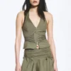 Tie Waist V-Neck Zip Halter Top – Khaki Green Tie Waist V-Neck Zip Halter Top – Khaki Green