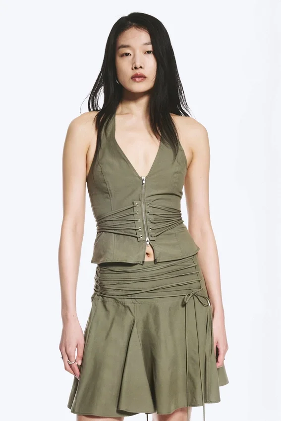 Tie Waist V-Neck Zip Halter Top – Khaki Green Tie Waist V-Neck Zip Halter Top – Khaki Green
