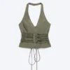 Tie Waist V-Neck Zip Halter Top – Khaki Green Tie Waist V-Neck Zip Halter Top – Khaki Green
