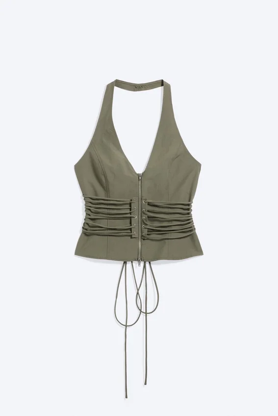 Tie Waist V-Neck Zip Halter Top – Khaki Green Tie Waist V-Neck Zip Halter Top – Khaki Green