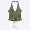 Tie Waist V-Neck Zip Halter Top – Khaki Green Tie Waist V-Neck Zip Halter Top – Khaki Green