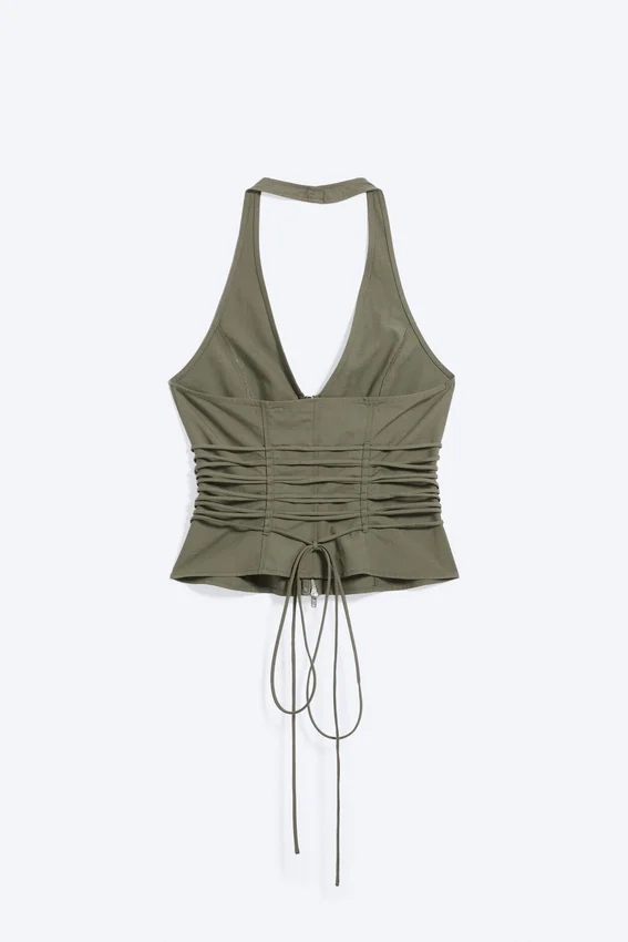 Tie Waist V-Neck Zip Halter Top – Khaki Green Tie Waist V-Neck Zip Halter Top – Khaki Green