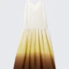 Tiered Printed Cotton Maxi Dress – White/Yellow/Brown – Gradient
