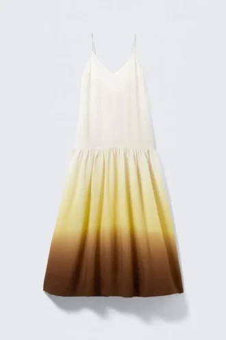 Tiered Printed Cotton Maxi Dress – White/Yellow/Brown – Gradient