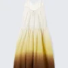 Tiered Printed Cotton Maxi Dress – White/Yellow/Brown – Gradient