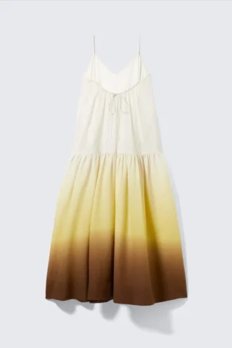 Tiered Printed Cotton Maxi Dress – White/Yellow/Brown – Gradient