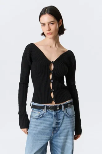 Tight Knitted V-Neck Cardigan – Black