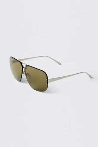 Tinted Oval Aviator Unisex Sunglasses – Silver – Green Lenses