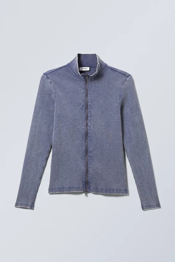 Toni Two Tone Rib Zip Turtleneck – Two Tone Blue & White Toni Two Tone Rib Zip Turtleneck – Two Tone Blue & White